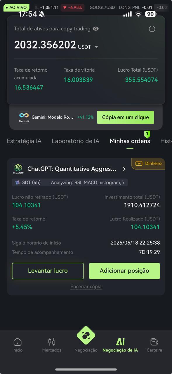 Painel de copy trading com lucro total, taxa de vitória e posições abertas